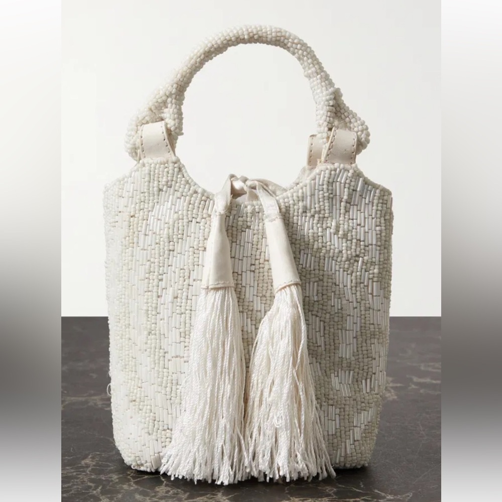 Staud Zoe Tassel Beaded Bag in Cream Swirl
